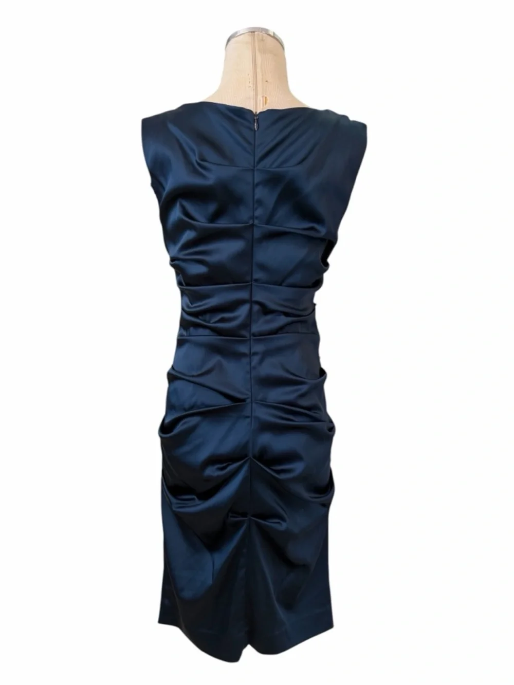 Nicole Miller Navy Satin Ruched Midi Dress Sz 8 - Picture 8 of 12